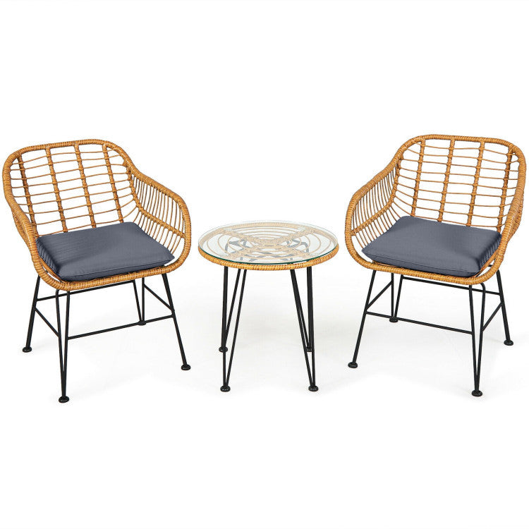 US Local 3 Pieces Rattan Furniture Set With Cushioned Chair Table