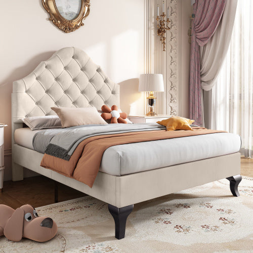UK Local Upholstered Bed 90x190 With Slatted Frame And Headboard, Upholstered Bed With Height-adjustable Headboard, Youth Bed, Single Bed, Wooden Slat Support, Easy Assembly, Velvet, Beige
