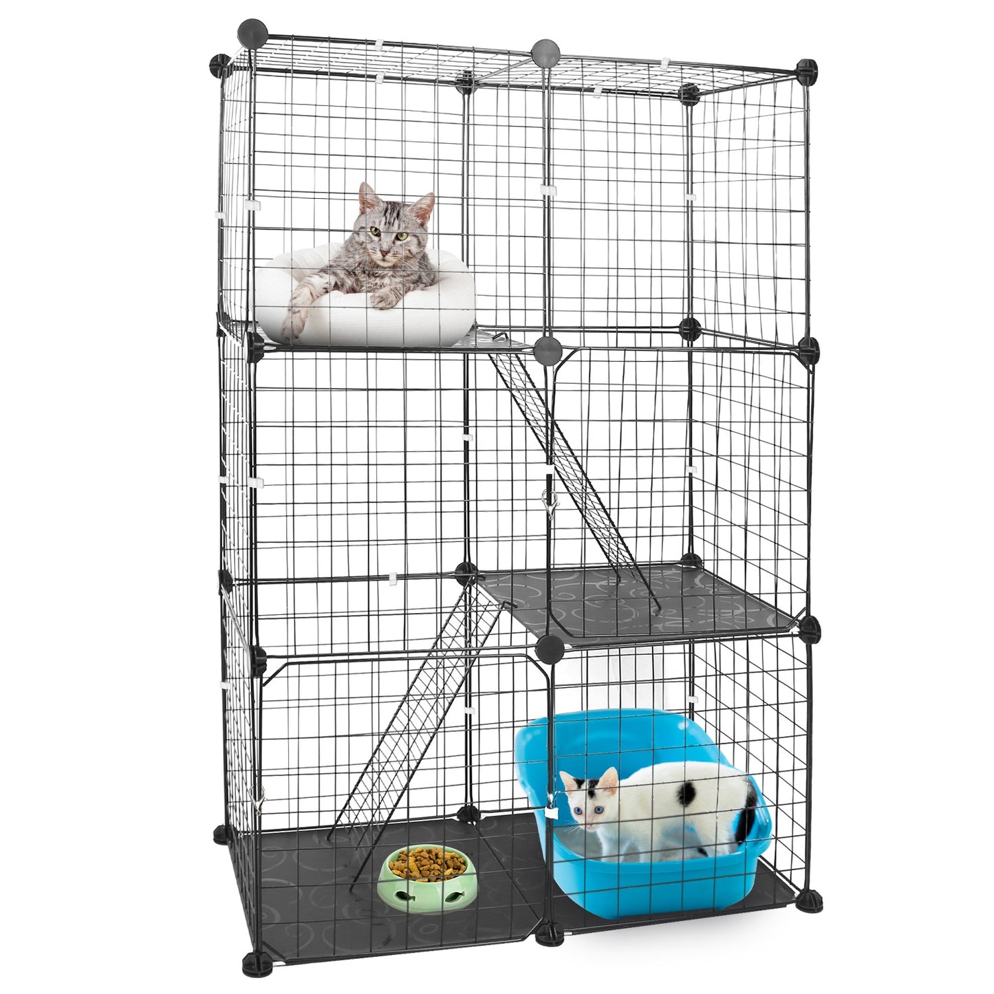 US Local 3 Tier Cat Playpen Cage Metal Indoor Cat House Detachable Kitten House With 3 Doors 2 Ladders Large Cat Exercise Place For 1-2 Cats Black