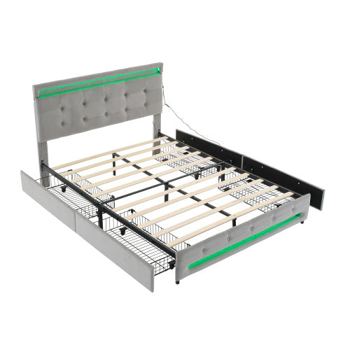 UK Local Upholstered Bed, 4ft6 Double Bed 135x190cm, Storage Bed, Soft Backrest, 4 Drawers With Pulleys, Light Strips Around The Bed, Metal Underbed Bracket, With Bed Slats, For Adults  Teenagers, Velvet,Grey