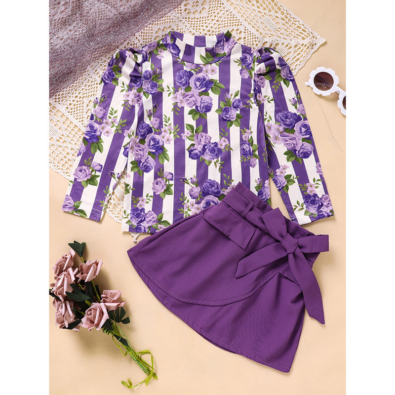 US Local Toddler Girl Purple Rose Print Girls Outfit, Spring Fall Stripe Top With Belt Skirts Set Holiday Going Out Clothes