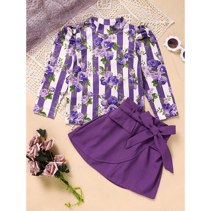 US Local Toddler Girl Purple Rose Print Girls Outfit, Spring Fall Stripe Top With Belt Skirts Set Holiday Going Out Clothes