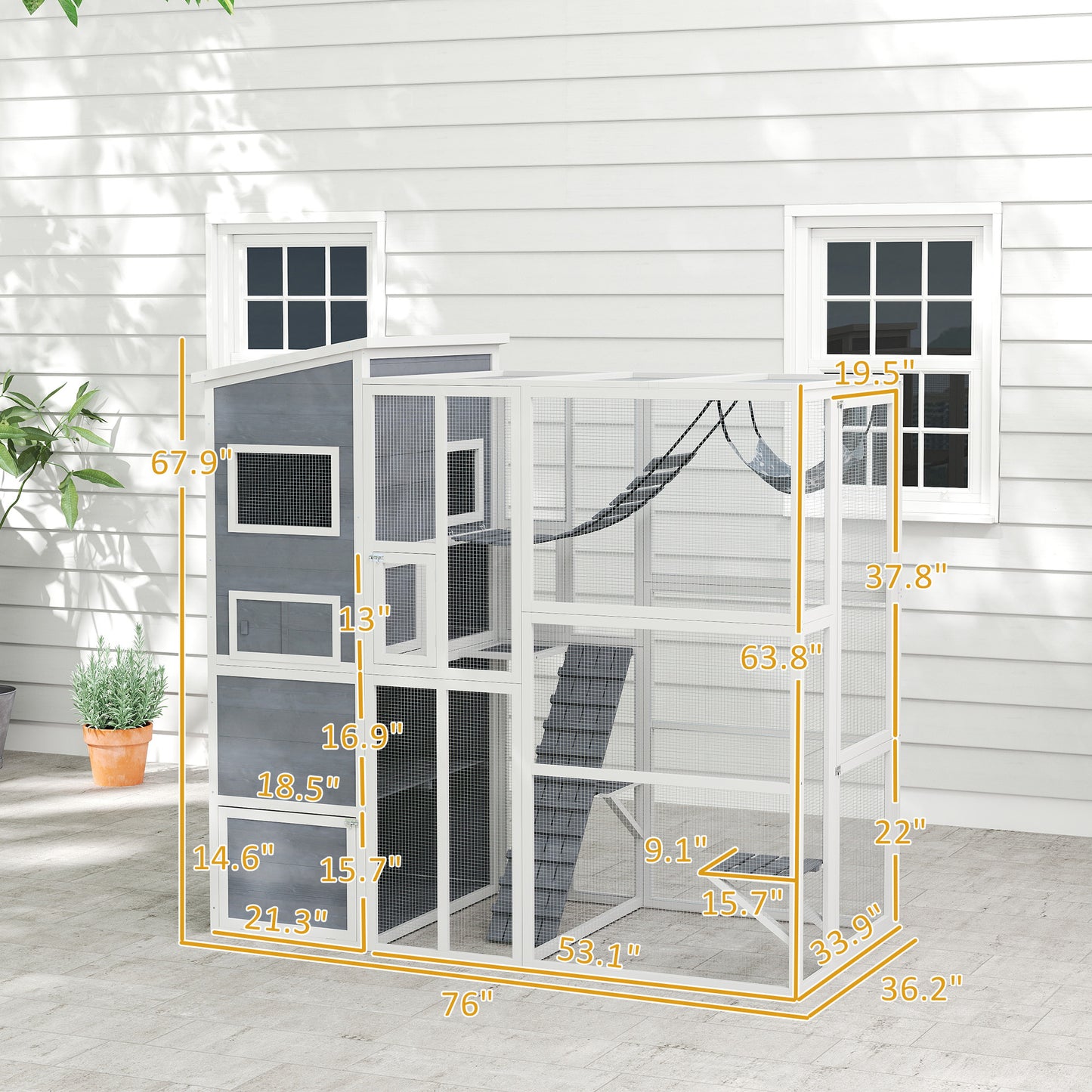 US Local Large Wooden Outdoor, Cat Enclosure W 4 Tier Resting Rooms, 3 Platforms, 1 Soft Ladder, 2 Ramps, 1 Hammock, Gray