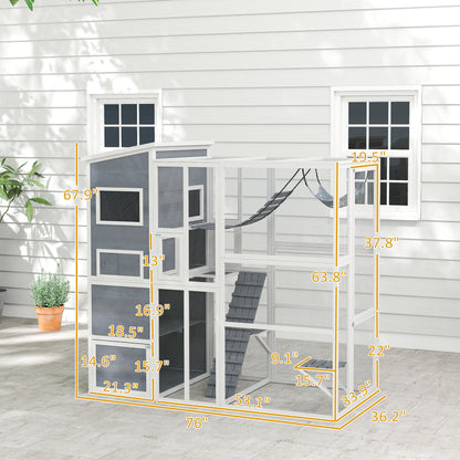 US Local Large Wooden Outdoor, Cat Enclosure W 4 Tier Resting Rooms, 3 Platforms, 1 Soft Ladder, 2 Ramps, 1 Hammock, Gray