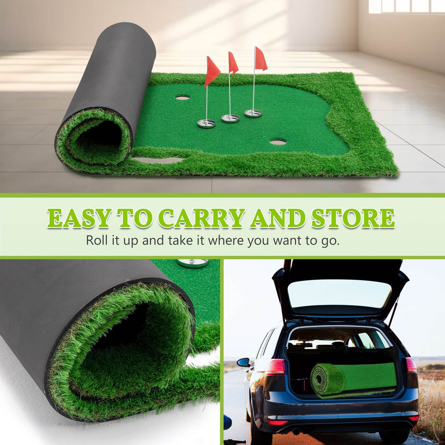 US Local 10x5 FT Golf Putting Green, Golf Training Mat With High-quality Turf, 3 Holes, 3 Flags And Cups For Indoor Outdoor