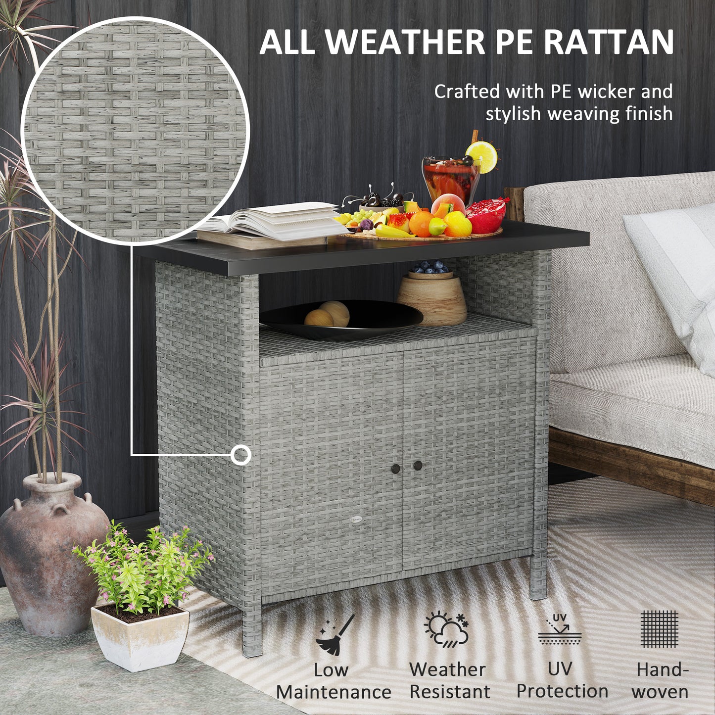 Wicker Outdoor Storage Cabinet With Two Doors And Shelf For Outdoor Pool Towel Storage, Gray