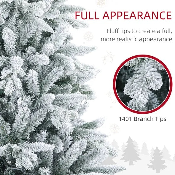 US Local 7 Ft Snow Flocked Artificial Christmas Tree With 1401 Tips, Foldable Metal Stand, Easy Assembly, Hinged Xmas Tree For Home, Office, Holiday, Green