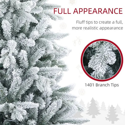 US Local 7 Ft Snow Flocked Artificial Christmas Tree With 1401 Tips, Foldable Metal Stand, Easy Assembly, Hinged Xmas Tree For Home, Office, Holiday, Green
