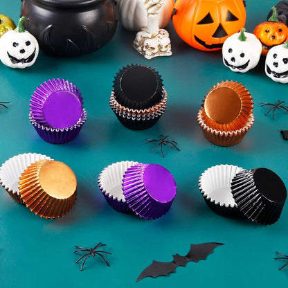 US Local 300 Pcs Halloween Foil Cupcake Liners Black Purple Orange Foil Metallic Cupcake Wrappers Halloween Party Standard For Halloween Party Birthday