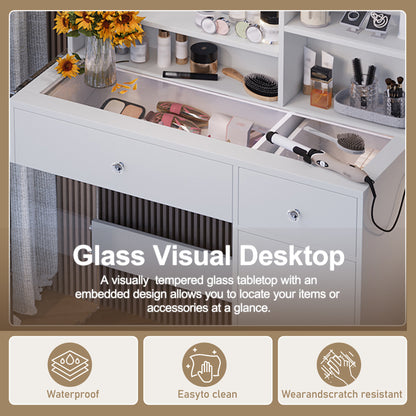 US Local Vanity Desk With Mirror And 3 Lighting Modes, Makeup Vanity With Glass Top And Storage Shelves, Dressing Table With 2 Drawers And Cabinet