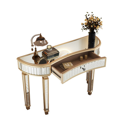 US Local 47 Half Moon Mirrored Console Table With Fluted Glass Crystal Knob Drawer Silver Entryway Vanity Desk For BedroomDressing RoomGold Sliver