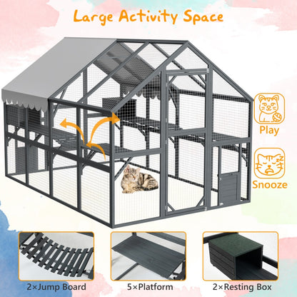US Local Extra Spacious Catio Outdoor Cat Haven, 110 Inch Luxury Cattery With Weather-Resistant Roof, Cat Climbing Ramp, Space Pod Bed, 2 Lounging Huts