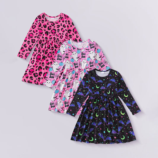 3pcs Toddler Girl's Halloween Dress Skull Ghost Bats Print Stretch Long Sleeve A-line Dresses
