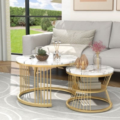 UK Local Round Coffee Tables, Removable Set Of 2 End Table, Nesting Tables With Gold Metal Frame Legs And Marble Pattern Top For Living Room, Bedroom, Office, Balcony, Apartment
