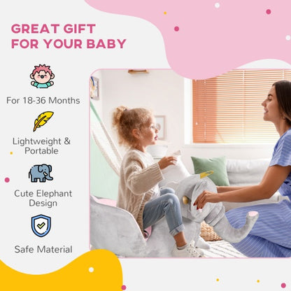 US Local Qaba Baby Rocking Horse Elephant Rocking Chair Toddler Rocker Toy With Sound Wooden Base Seat Safety Belt For 1.5-3 Year Old, Gray