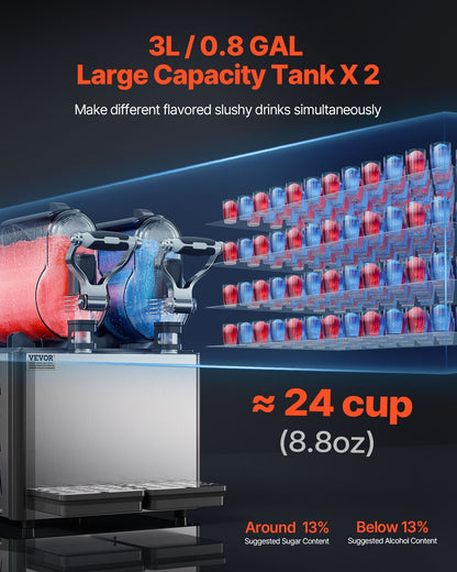 US Local Commercial Slushy Machine, 3LX2 Tank Slush Drink Maker, Drink Machine With Temperature Preservation, Stainless Steel Home Slush Drink Machine With Automatic Clean, Black