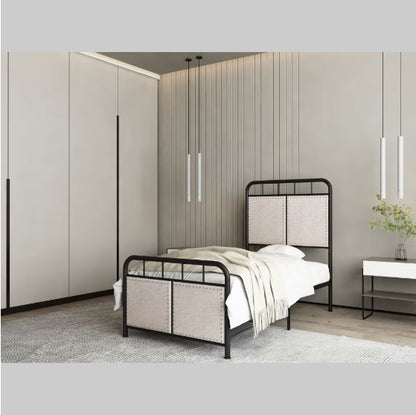 US Local Double-size Linen Upholstered Platform Metal Bed Frame