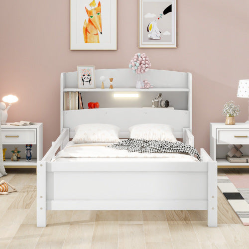 US Local Wood Twin Size Platform Bed With Built-in LED Light, Storage Headboard And Guardrail, White