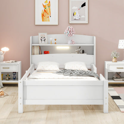 US Local Wood Twin Size Platform Bed With Built-in LED Light, Storage Headboard And Guardrail, White