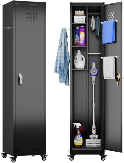 US Local Aobabo Lockable Storage Cabinet With Wheels, Metal Cleaning Tool Cabinet With Hooks, Cleaning Supplies For Broom Rack Shelf For Broom Mops Garage Storage, Black, Assembly Required