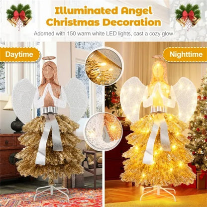 5.2ft Pre-Lit Angel Christmas Tree - 150 Warm White LEDs, Golden White Design With Angel Figure   Shimmering Leaves