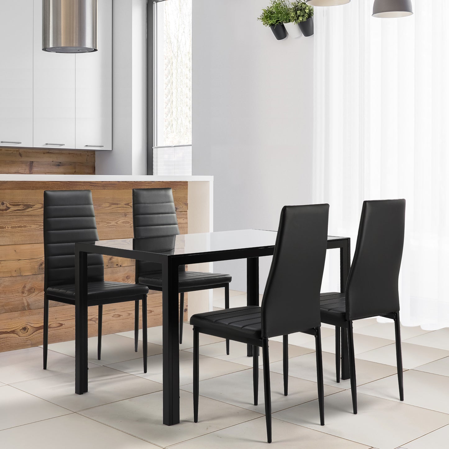US Local 5 Pieces Dining Table Set Kitchen Tempered Glass Dining Table 4 Faux Leather Chairs