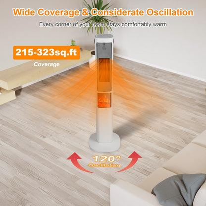 US Local 1500W Oscillating Ceramic Tower Space Heater With 3D Flame Portable Electric Heater With 3 Wind Modes Remote Control 5 Timer Overheat Tip-Over Protection For Bedroom Office