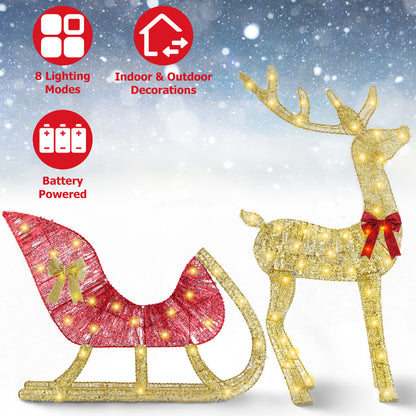 US Local 1 Pc Lighted Christmas Reindeer & Sleigh Indoor Outdoor Christmas Decoration Christmas Lighted Display With 8 Lighting Modes