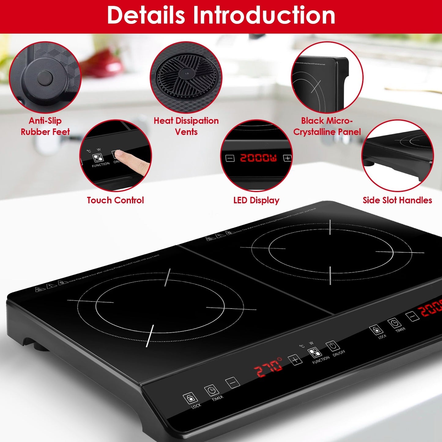 US Local 1Pc 4000W Induction Cooktop Portable Double Induction Cooker Electric Dual Burner Stove Countertop Hot Plate With 9 Power 9 Temperature 3H Timer