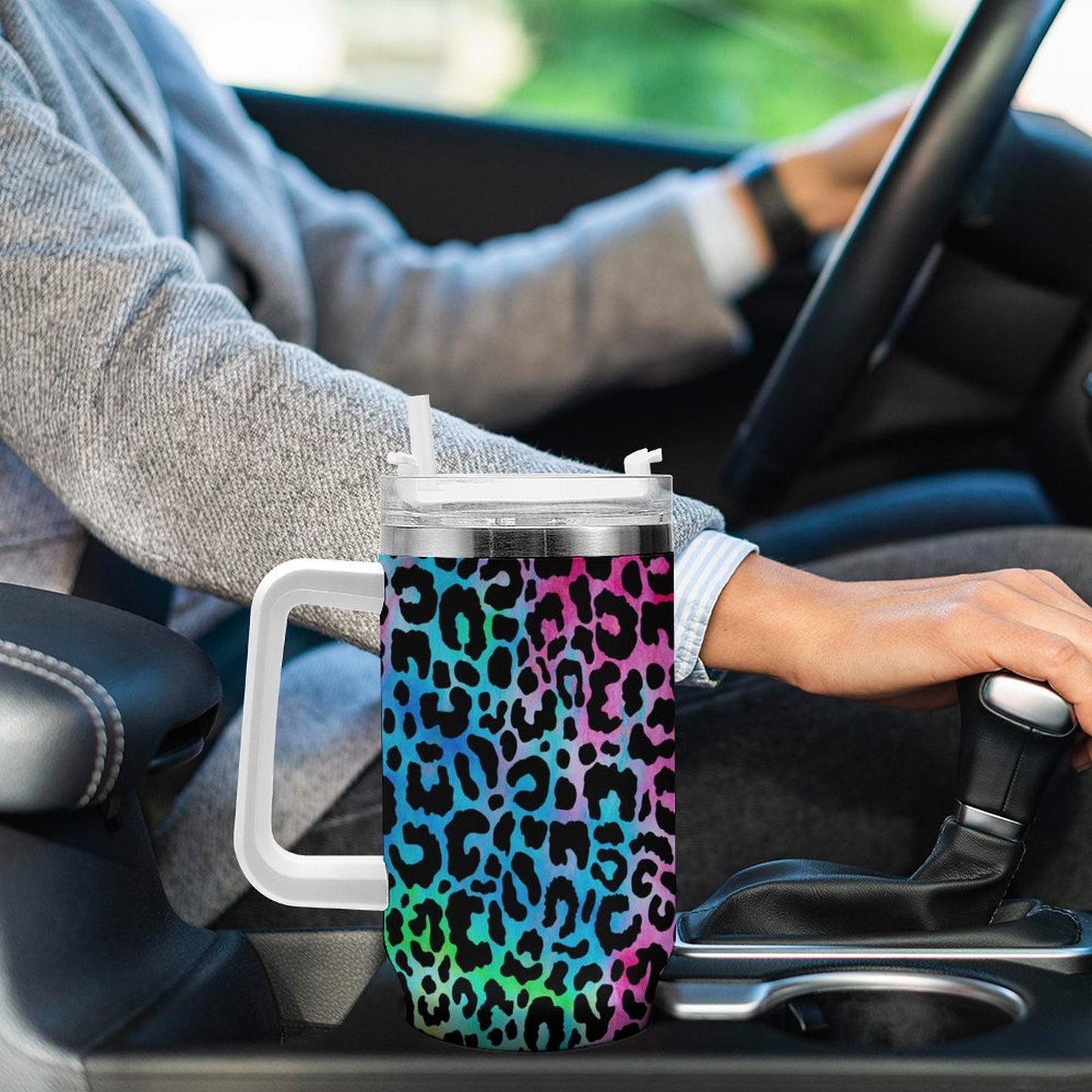 PHDT00186 POD US Local Tumbler 40 oz Large Capacity Car Cup Colorful, Leopard Fluorescent