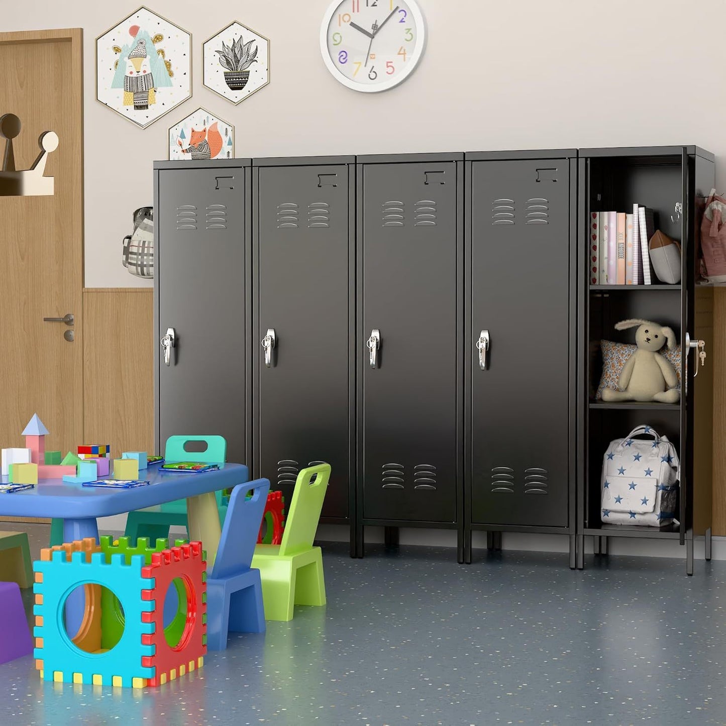 US Local Metal Lockers For Employees With Handle,Metal Storage Locker With 2 Pegboard & 5 Hooks For Gym, School, Office,Home,Garage,Black