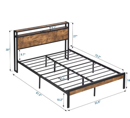 US Local Full Size Metal Platform Bed Frame With Wooden Headboard And Footboard With USB LINER