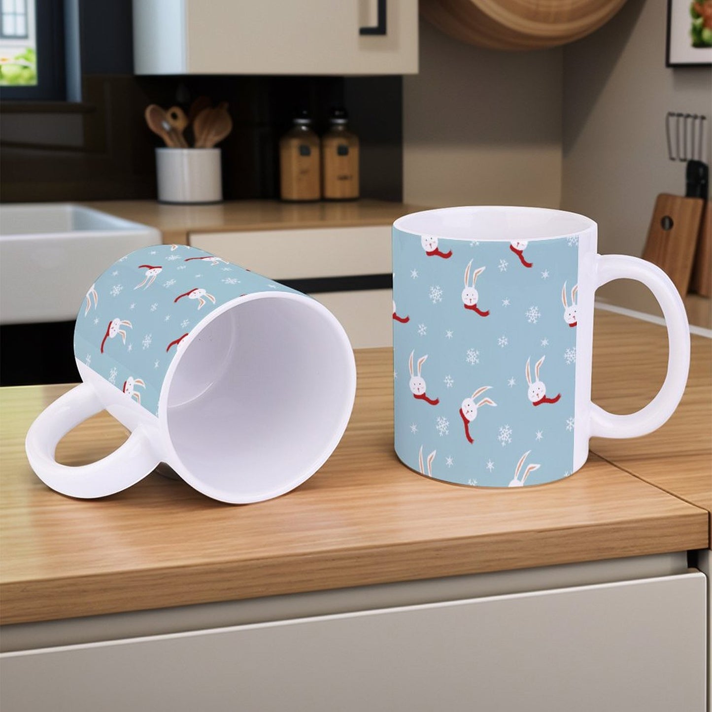 POD US Local White mug with full print, Christmas Rabbit Snowflake 0011