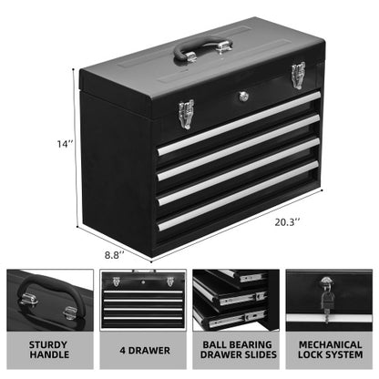 US Local Metal Tool Box With 4 Drawers Portable Steel Tool Chest With Metal Cylinder Lock And Latch Closure, Liner, Powder Coating, Suitable For Garage, Warehouse And Outdoor Repair Job-Black