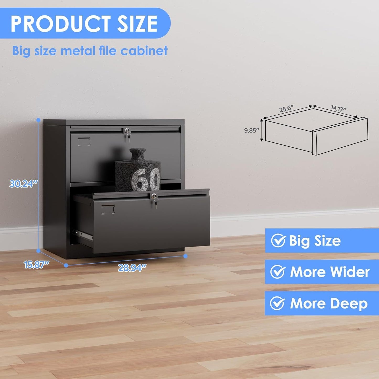 US Local Metal 2 Drawer Lateral File Cabinet With 2 Lock - Wide Filing Cabinet For Letter Legal Hanging Files - Includes Business Card Holder,Home Office School Storage,Black