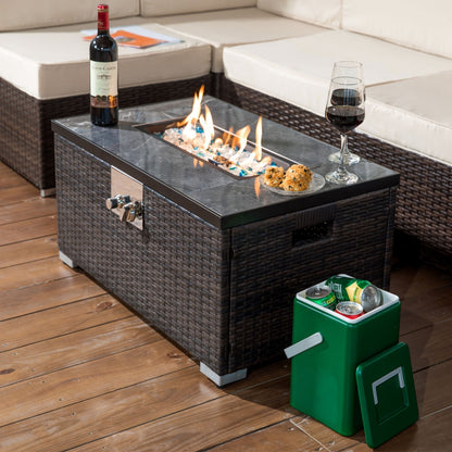 US Local Outdoor Fire Table Propane Pit Rattan With Tile Tabletop