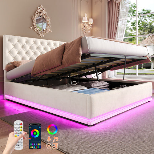 UK Local Double Ottoman Bed With LED Lighting, Velvet Upholstered Bed With Hydraulic Storage, 4ft6 Double Bed Frame With Handmade Button Tufted Adjustable Headboard, No Box Spring Needed, Beige No Mattress