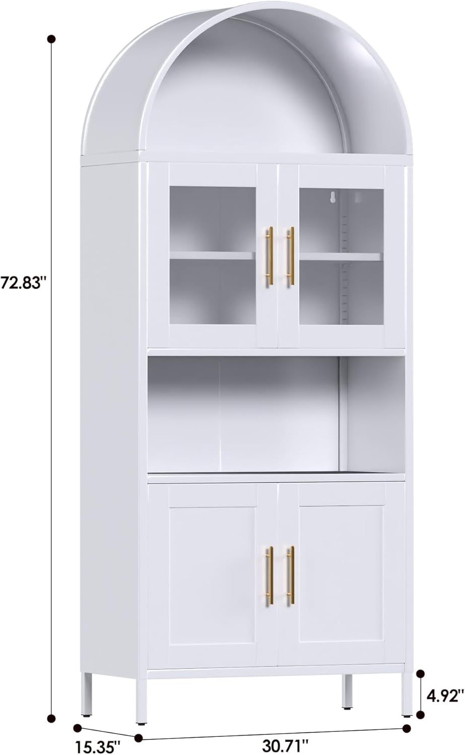 US Local 73 In Tall Metal Arched Cabinet, Kitchen Pantry Cabinet With Glass Door, Modern Farmhouse Arched Bookcase With 2 Adjustable Shelves For Living Room, White, Assembly Required