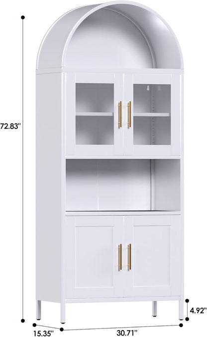 US Local 73 In Tall Metal Arched Cabinet, Kitchen Pantry Cabinet With Glass Door, Modern Farmhouse Arched Bookcase With 2 Adjustable Shelves For Living Room, White, Assembly Required