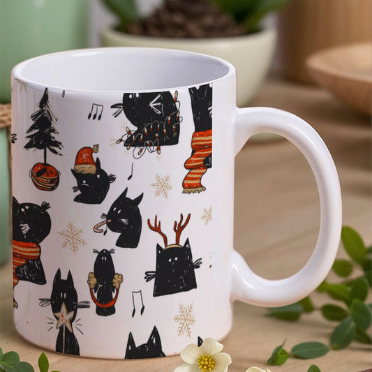 POD US Local White mug with full print, Christmas, Black Cat 0094
