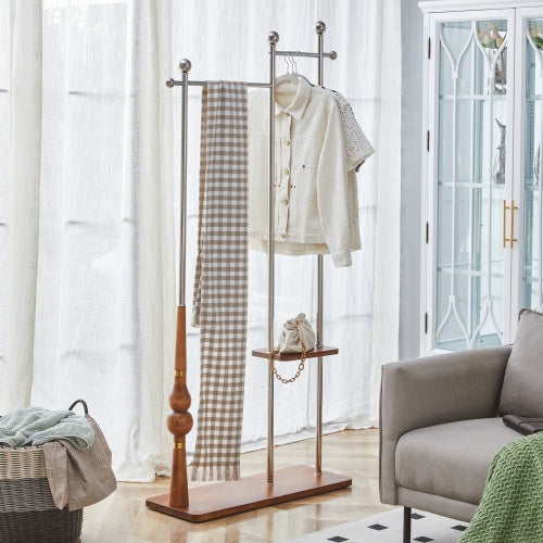 US Local 70  Industrial Coat Rack, Solid Wood & Silver Stainless Steel Clothing Rack, Double Layer Hanger For Coats, Hats, Bags, Shoes, Vintage Wood Grain  34.6  Wide