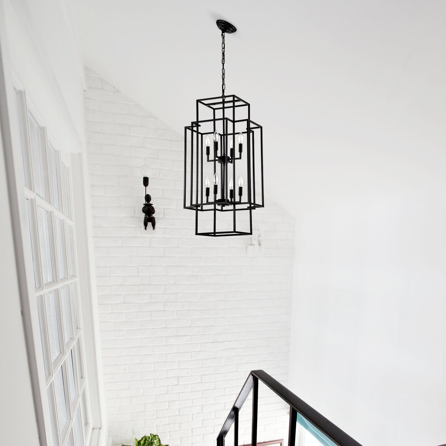 US Local 8-Light Metal Lantern Tiered Pendant Hanging Light Fixtures, Industrial Farmhouse Adjustable Height Chandeliers For Dining Room Hallway Foyer Entryway--Matte Black E12 Bulbs Not Included