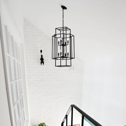 US Local 8-Light Metal Lantern Tiered Pendant Hanging Light Fixtures, Industrial Farmhouse Adjustable Height Chandeliers For Dining Room Hallway Foyer Entryway--Matte Black E12 Bulbs Not Included