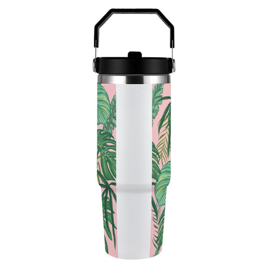 POD US Local Tumbler 30oz Large Capacity Car Cup Tropical, Monstera, Pink Background, Greenery Style
