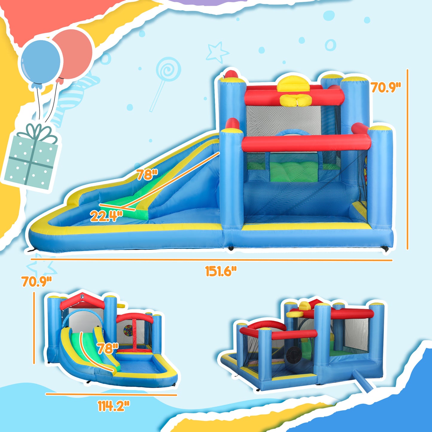 US Local Inflatable Water Slide Bounce House W 550W Blower, Large Trampoline, Splash Pool, Basketball Hoop, Dart Board