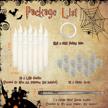 US Local 12Pcs Flameless Floating Candles LED Magic Hanging Candle Light Battery Operated Flickering Warm Light Window Candle With Magic Wand Remote For Halloween Christmas Party