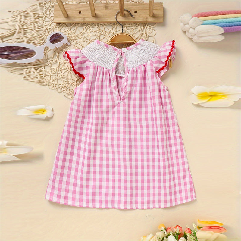 US Local Toddler Girl's Short Sleeve Checkered Dress, Heart Embroidery & Ruffle Detail With Back Button Closure