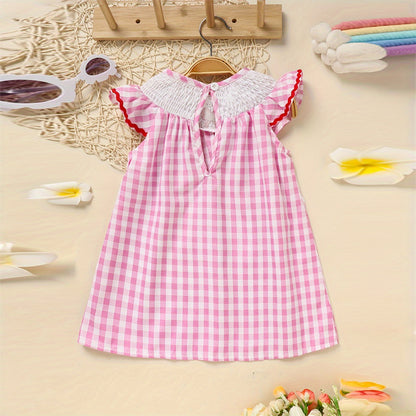 US Local Toddler Girl's Short Sleeve Checkered Dress, Heart Embroidery & Ruffle Detail With Back Button Closure