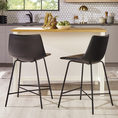 US Local Modern Upholstered Counter Stool With Metal X Base, Set Of 2, Black