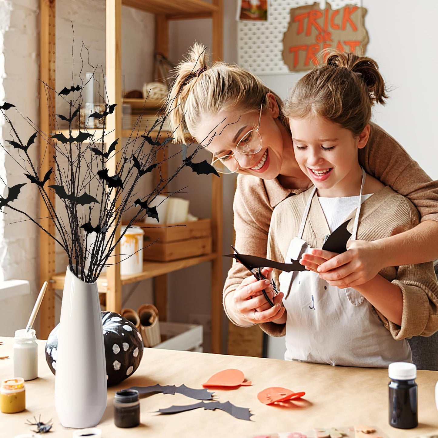US Local Curly Willow Branches 29.5 Inch Artificial Bendable Stems Black Branches With 36Pcs Halloween Bat Stickers For Halloween Wreath Home Party Decorations